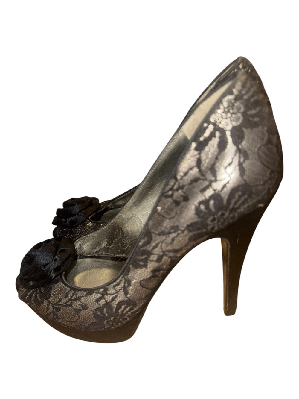 Guess Black Lace Peep-Toe Platform Heels with Rose Accent